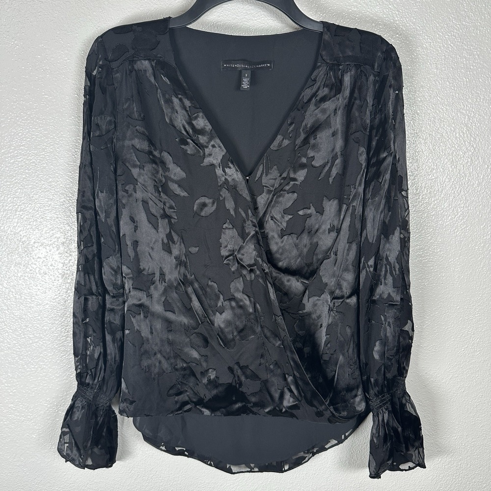 White House Black Market Womens 2‎ Black Jacquard Print Silk Blend Blouse Top